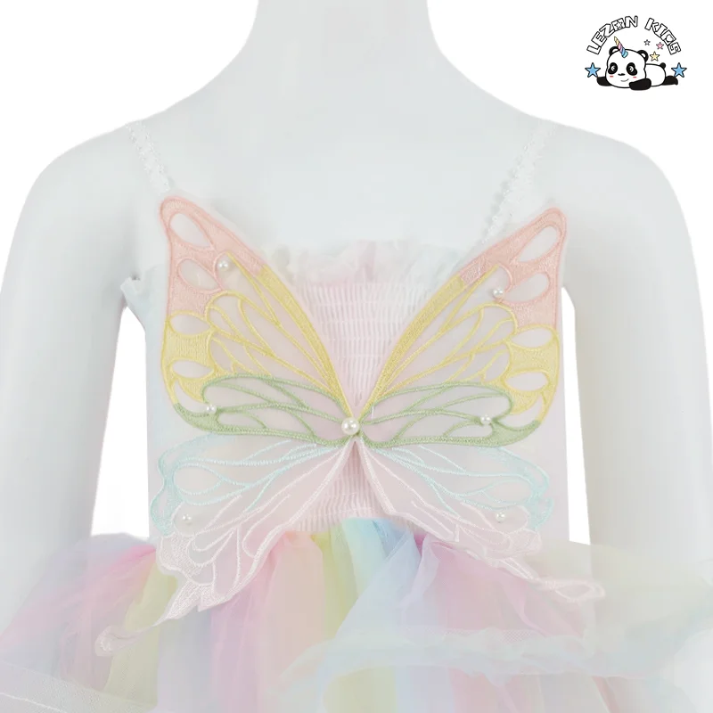 LEZONKIDS - Vestidos novos de boutique de verão para meninas, saia de tule até o joelho, vestidos para festa de aniversário, princesa doce, vestidos coloridos arco-íris para meninas